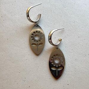 Silver Oval Flower Charm Hoop Earrings